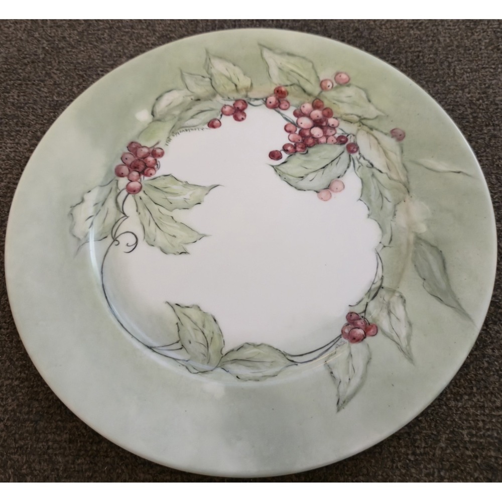 Hand Painted Porcelain Plate Red Currants Berry Wreath Sage Green M Vandevelde